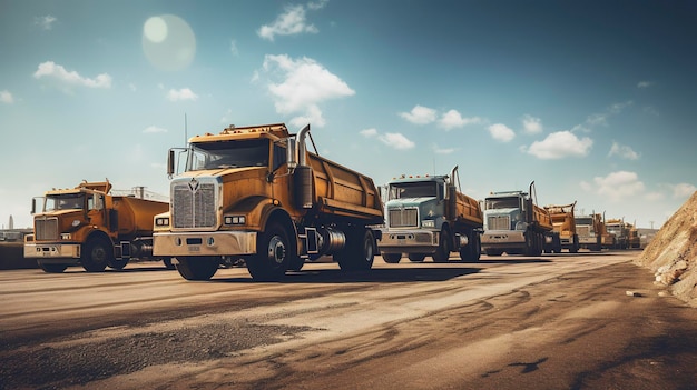 Fleet of large mining dump trucks in action at a quarry under a clear blue sky