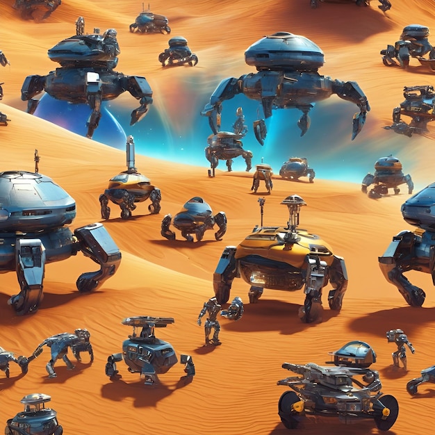 A fleet of space exploration robots venturing into the unknown depths of the cosmos seeking out ne