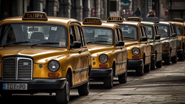 A fleet of taxis waiting at a stand AI generated