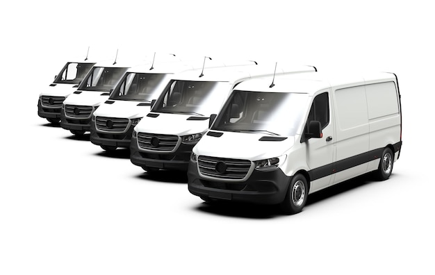 Photo fleet of white generic and unbranded vans 3d illustration