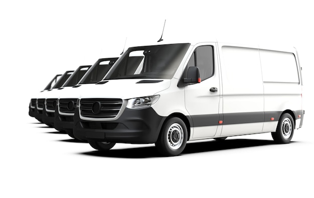 Fleet of white generic and unbranded vans on a white background 3D illustration
