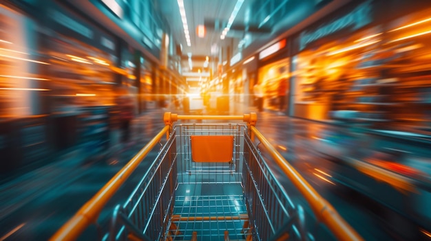 The fleeting movement of a shopping cart blurred as it races down an aisle AI Generative