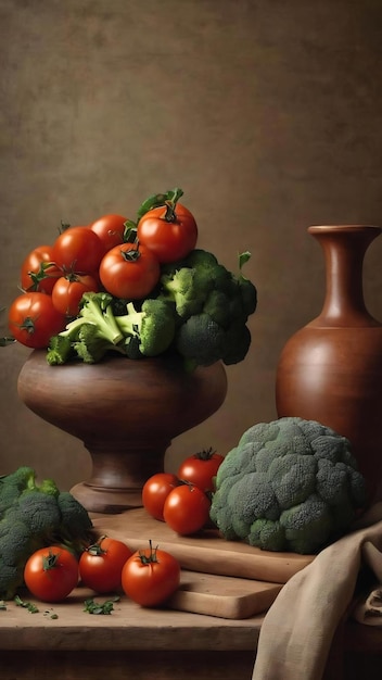 Photo flemish still life on brown background clay vase broccoli tommatoes and ripe on table