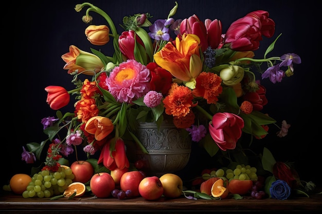 Фото Натюрморт в фламандском стиле с цветами и фруктами, созданный с использованием инструментов генеративного ии