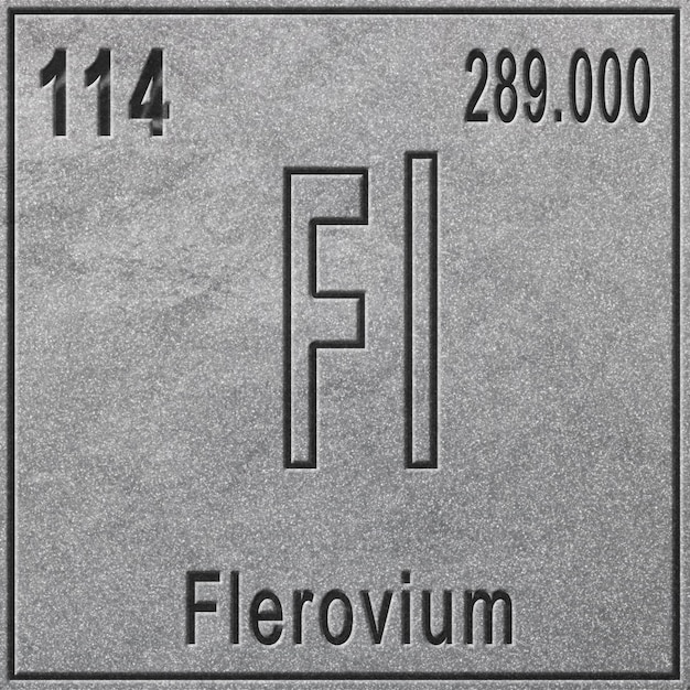 Flerovium 화학 원소, 원자 번호와 원자량이 있는 기호, 주기율표 원소, 은색 배경