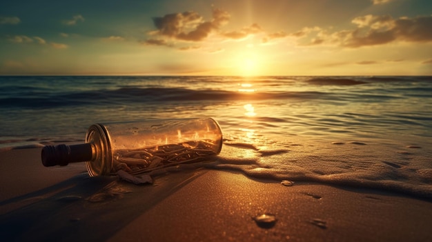 Fles bericht op het strand bij zonsondergang generatieve ai