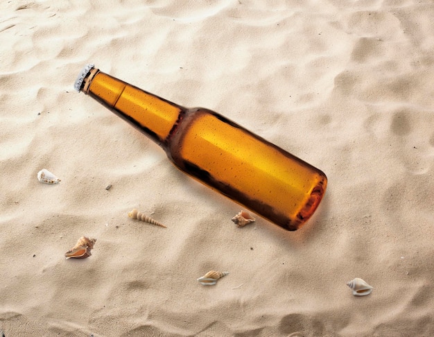 Fles bier op het strand wordt door zeegolven naar de kust gedragen