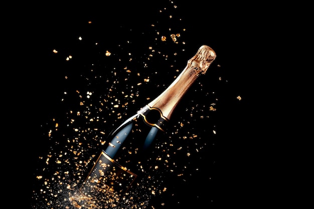 fles champagne met confetti op zwarte achtergrond Viering en nieuwjaarsconcept