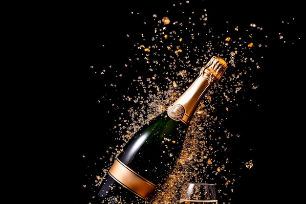 fles champagne met confetti op zwarte achtergrond Viering en nieuwjaarsconcept