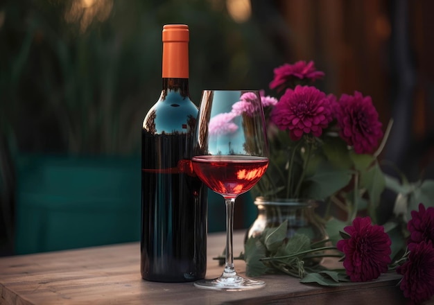 Fles en glas rode wijn naast een boeket bloemen