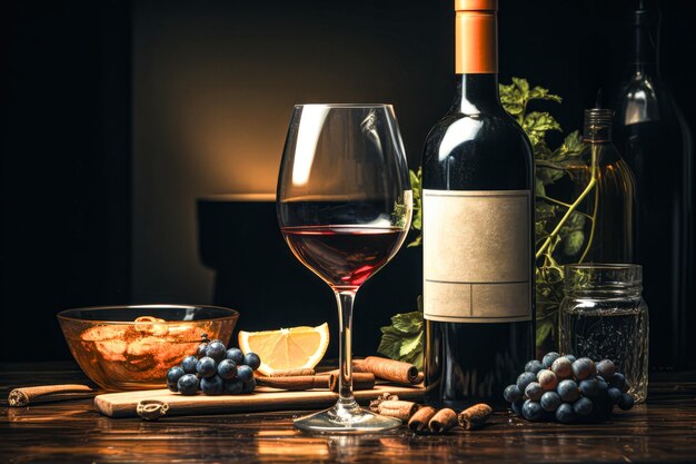 Fles en glas rode wijn op houten tafel met druiven en noten