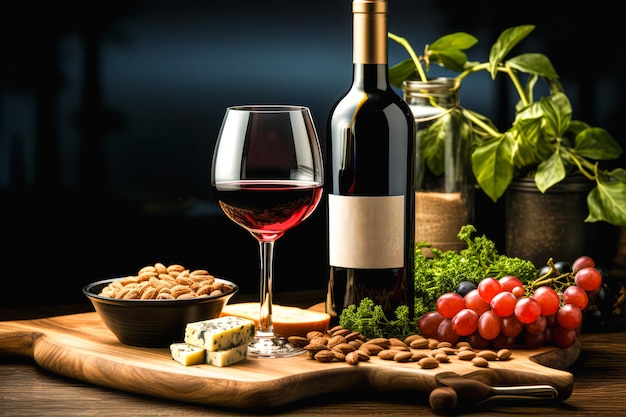 Fles en glas rode wijn op houten tafel met druiven en noten