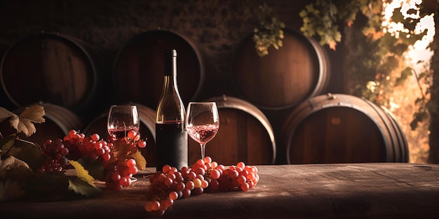 Fles en glazen rode wijn en druiven op de houten tafel AI gegenereerd