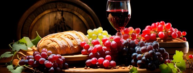 fles en glazen wijn en rijpe druiven kaasvlees en crackers op houten tafel