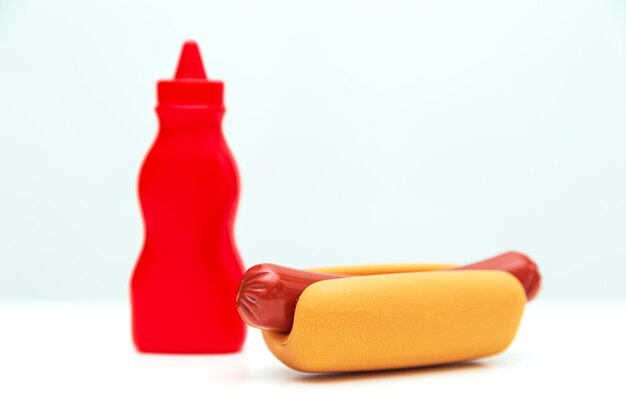 Fles ketchup en hotdog. Klassieke straatsnack. Ongezonde voeding.