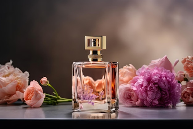 Foto fles luxe parfum omgeven door pioenrozen close-up