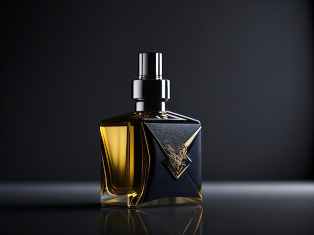 Fles luxe parfum op tafel in moderne stijl en zwarte achtergrond