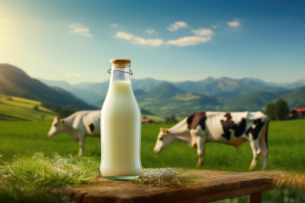 Fles melk tegen koeien die grazen op het groene veld Landschap met groen gras op de weide en bergen op de achtergrond Natuurlijk biologisch landbouwproduct