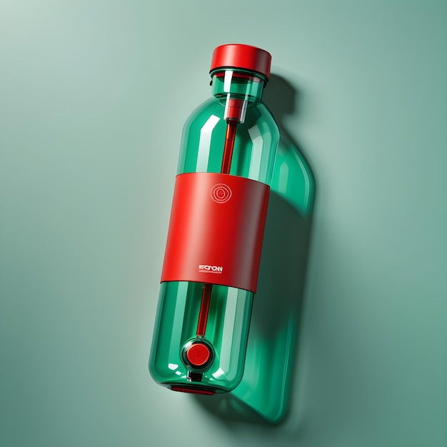 Foto fles met een rood etiket op een groene achtergrond