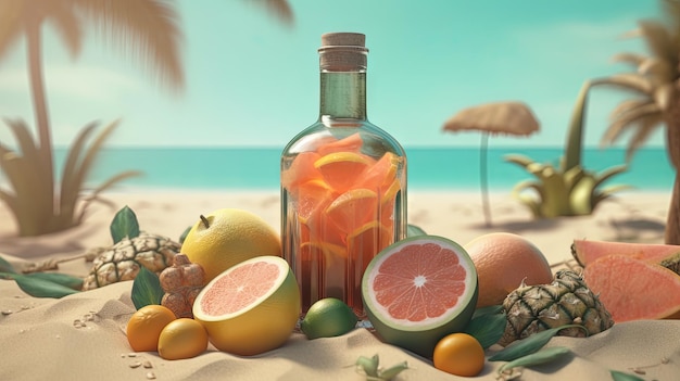 Fles met fruitwater of alcohol in het zand van het strand Vakantiescène met limonadefles op de kustlijn Generatieve AI