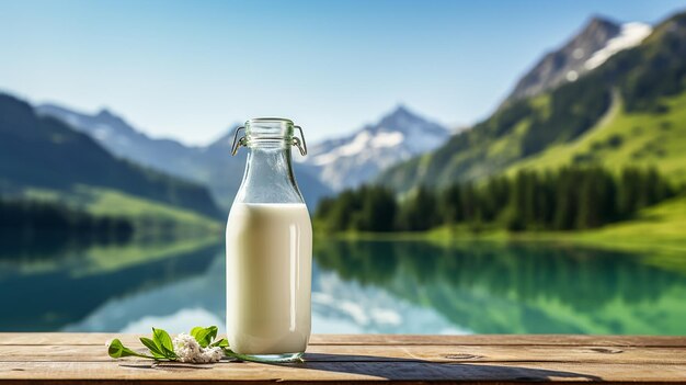 Foto fles met melk tegen de achtergrond van de bergen