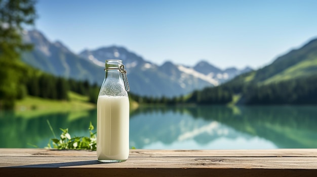 Foto fles met melk tegen de achtergrond van de bergen