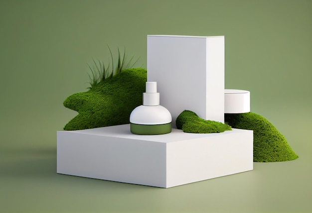 Fles MockUp op groene mosachtergrond Natuurlijke schoonheidsproducten Eco cream serum huidverzorging lege fles AI gegenereerd