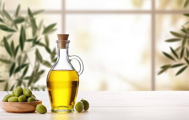 fles olijfolie en olijftakken op witte houten tafel over lichte keukenachtergrond