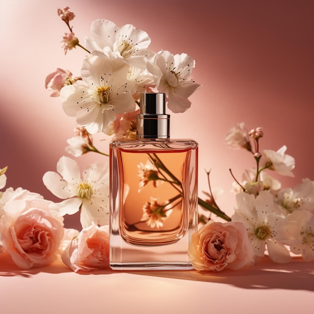 Fles parfum met bloemen op gekleurde achtergrond