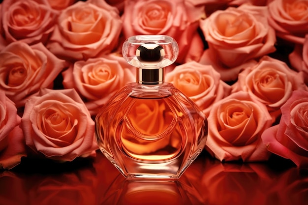 Fles parfum op een achtergrond van roze rozen AI gegenereerd