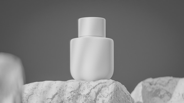 Fles parfum wordt getoond op een rotsachtig oppervlak Premium foto 3d render