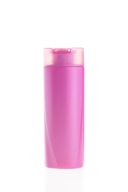 Fles, product, vierkante vorm, roze geïsoleerd op een witte achtergrond