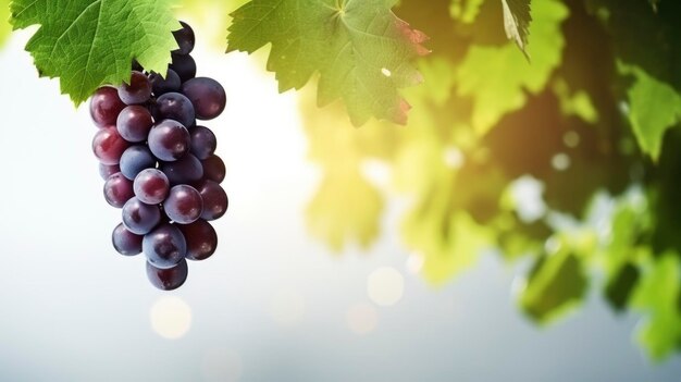 Fles rode wijn met rijpe druiven en wijnbladeren op witte achtergrond Kopieer ruimte