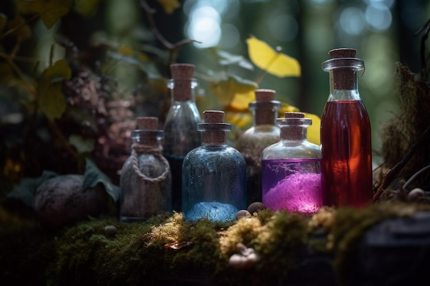 Foto fles toverdrankjes in magisch bos