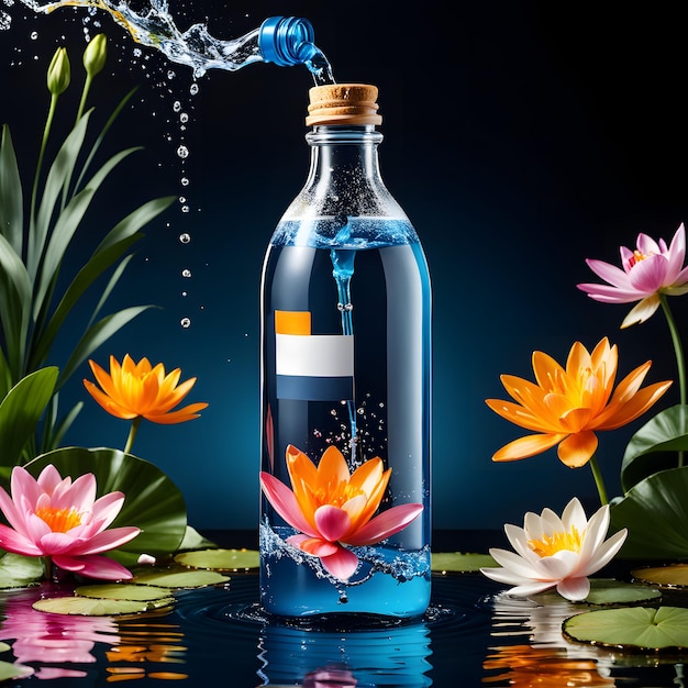 Fles water met spatten en bloemen op donkerblauwe achtergrond