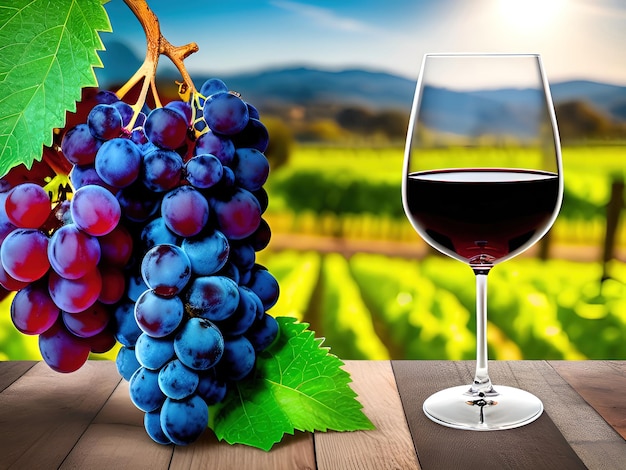 Fles wijn en druiven op houten tafel met wijngaard
