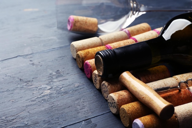 Fles wijn en kurken op houten tafel