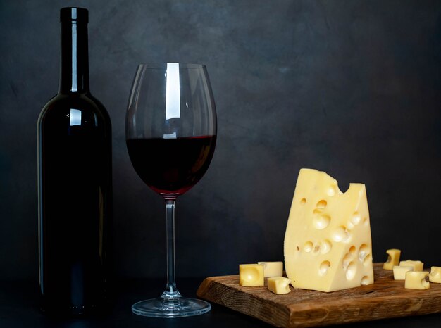 fles wijn, glas wijn en smakelijke kaas op een snijplank, achtergrond steen