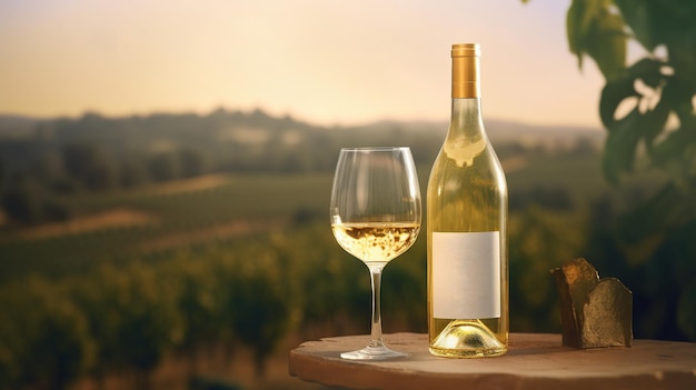 Foto fles wit met een glas op de achtergrond van wijngaarden