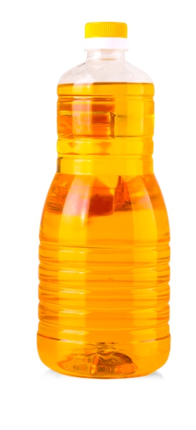 Fles zonnebloemolie geïsoleerd op een witte achtergrond.