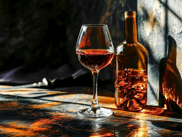 Flesjes en glazen met rode wijn op tafel.