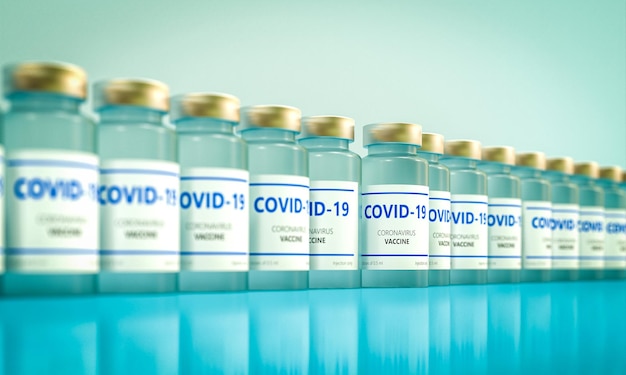 Flesjes vaccin tegen het covid-19-virus. 3D render