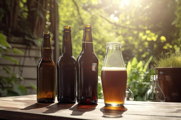 Flessen bier en glazen op houten tafel in de zomertuin gemaakt met generatieve ai