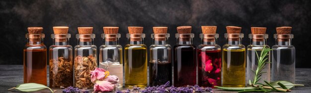 Foto flessen etherische olie met rozemarijn, tijm, kaneelstokjes, kardemom, munt, lavendel, rozenblaadjes en toppen op een witte achtergrond generatieve ai