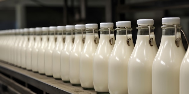 Flessen melk op een plank in een zuivelfabriek