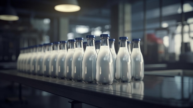 Flessen melk op transportband Generatieve Ai