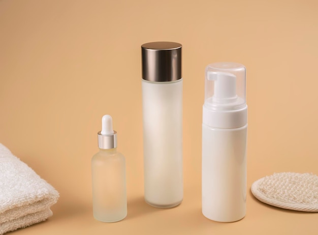 Flessen met cosmetisch schuim of gel op beige achtergrond selectieve focus mockup voor branding en verpakking presentatie schoonheid en spa concept