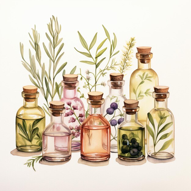 Flessen met essentiële olie voor aquarel