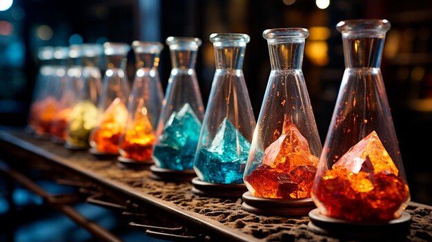 flessen met kleurrijke vloeistoffen in een glas