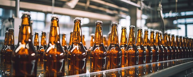 flessen op de transportband in een bierfabriek Desinfectieproces en het vullen van flessen banner